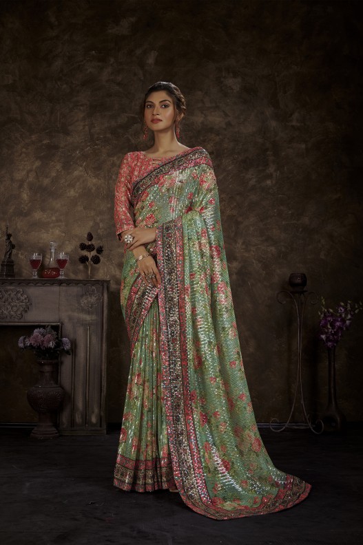 Designer Imported Sequince Digital Print Saree With Designer Blouse 